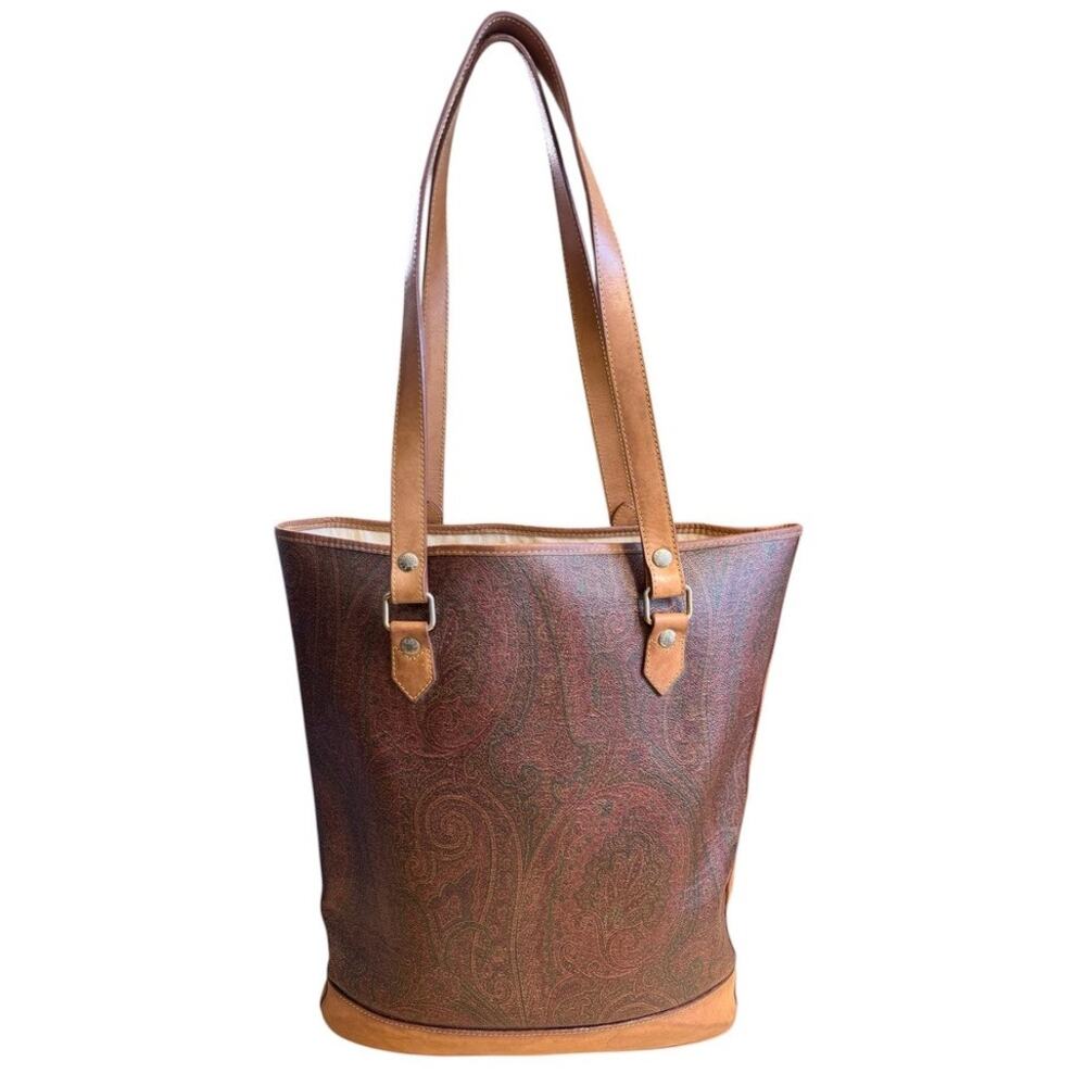 Vtg Etro Leather Canvas Paisley Bucket Bag Heritage Italy Classic Preppy Elegant
